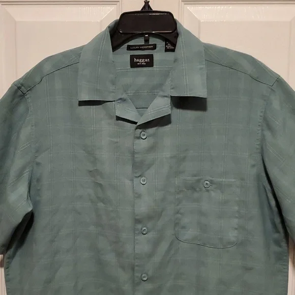 Haggar Luxury Microfiber Men's Green Plaid Button Down Short Sleeve Shirt- Large - Picture 2 of 7